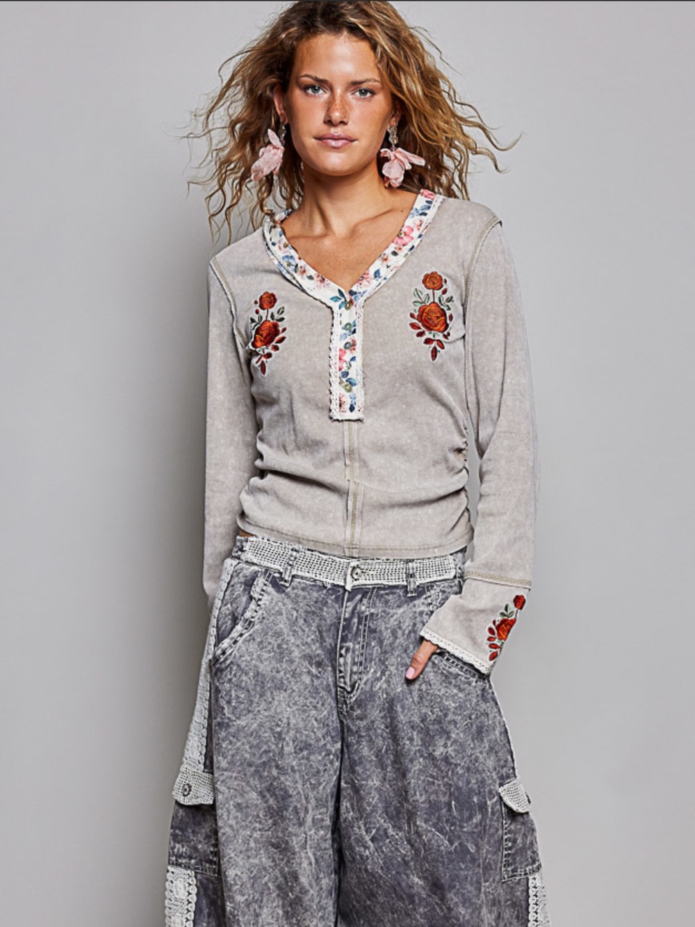POL Taupe Button-Front Henley with Orange Floral Embroidery